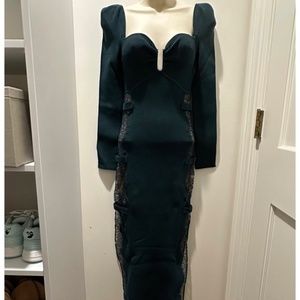 SELF PORTRAIT LACE INSERT KNIT RIBBED DRESS GREEN
